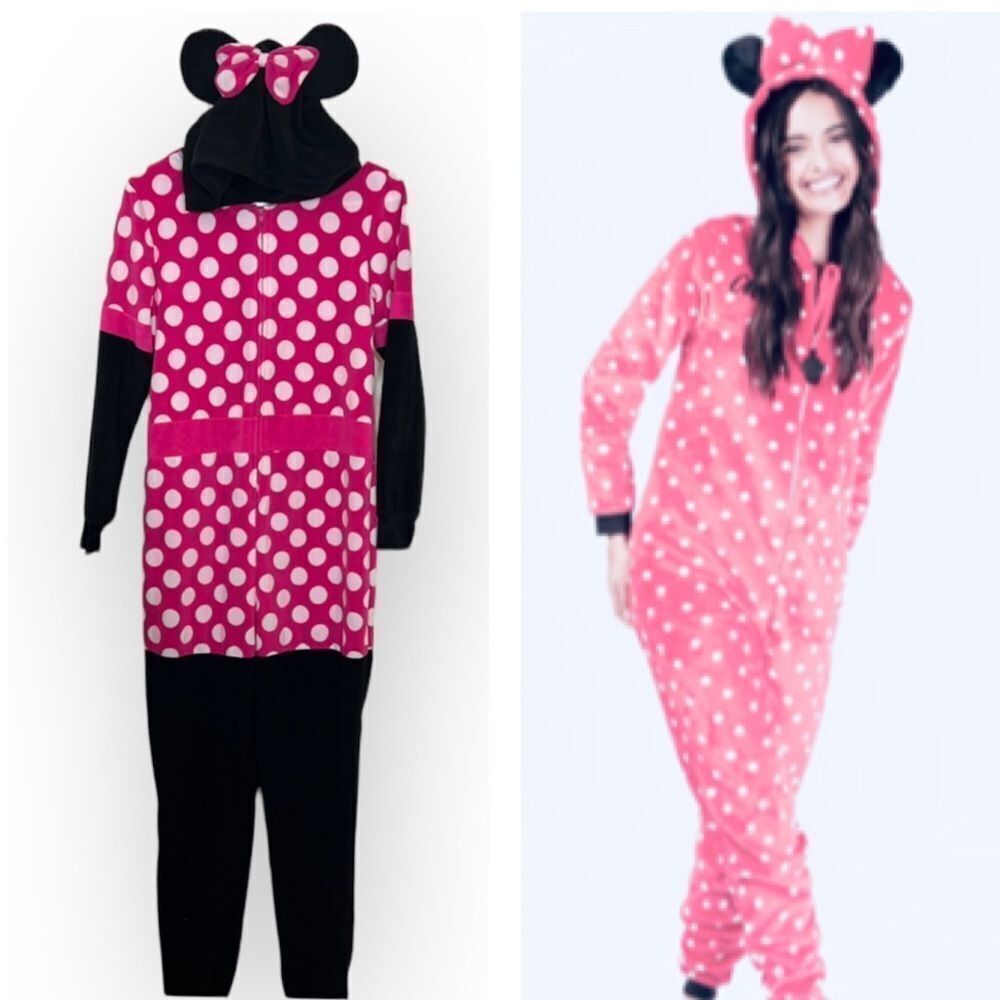 Minnie Mouse Adult Fleece Pajama Onesie Black Pink Polka Dot Hoodie Size M